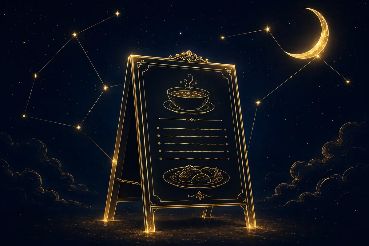 Zlatá tabule denního menu restaurace pod srpkem měsíce a hvězdami