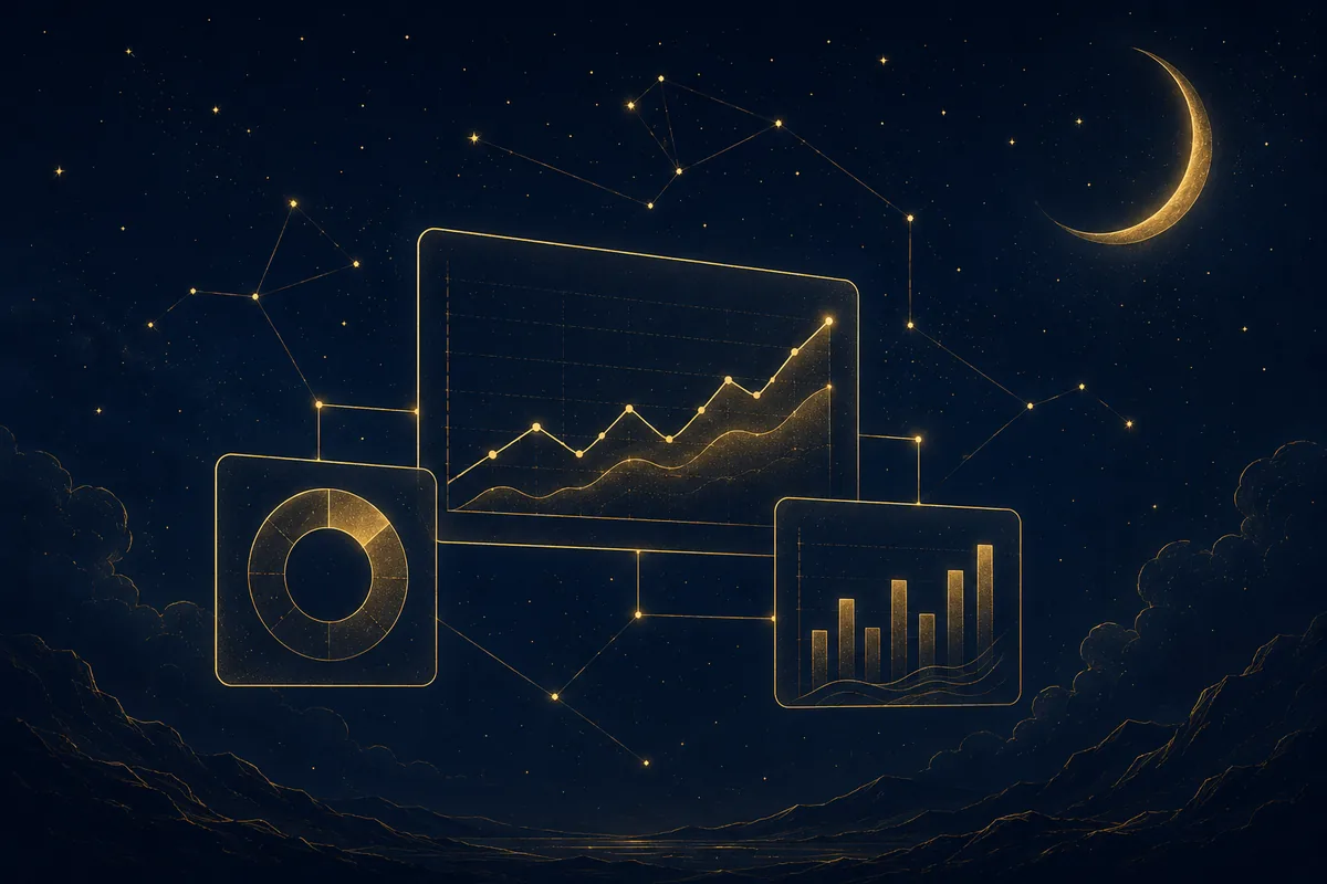 Looker Studio: zlaté grafy a ukazatele reportu spojené do dashboardu na noční obloze