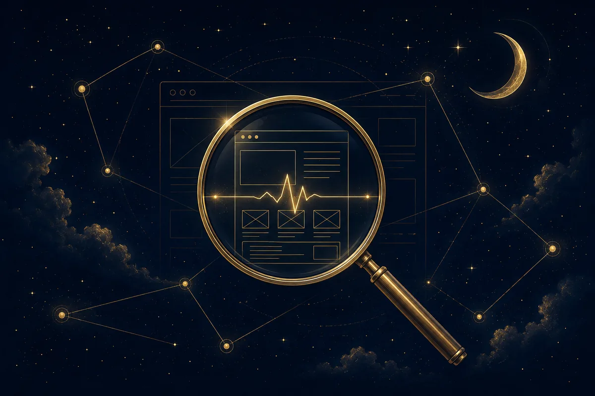 SEO analýza webu: lupa a diagnostické linky prověřují web na noční obloze