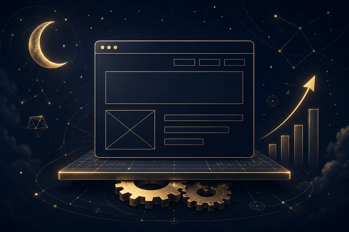 Technické SEO: web postavený na technickém základu z ozubených kol a modrotiskové mřížky