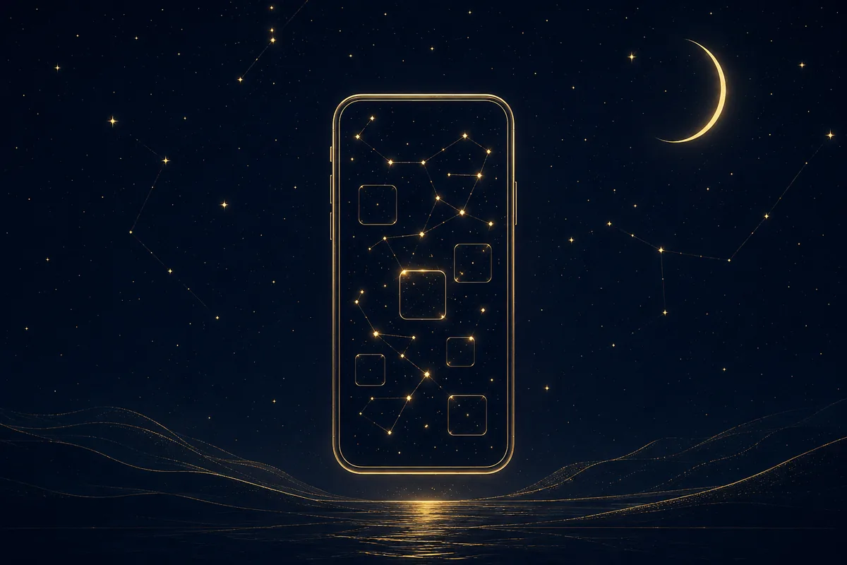 Vývoj mobilní aplikace: zlatý telefon s obrazovkou složenou ze souhvězdí na noční obloze