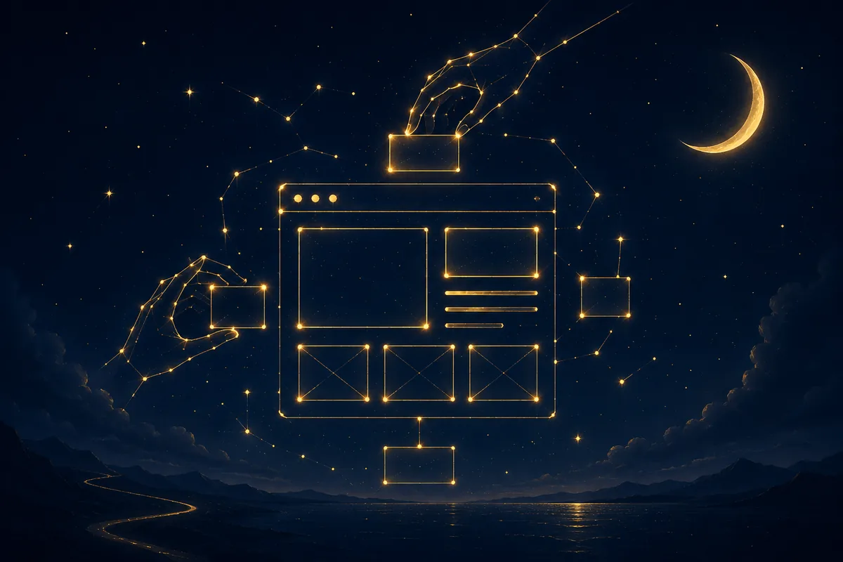 Web pomocí AI: zlaté souhvězdí skládající web z bloků pod srpkem měsíce