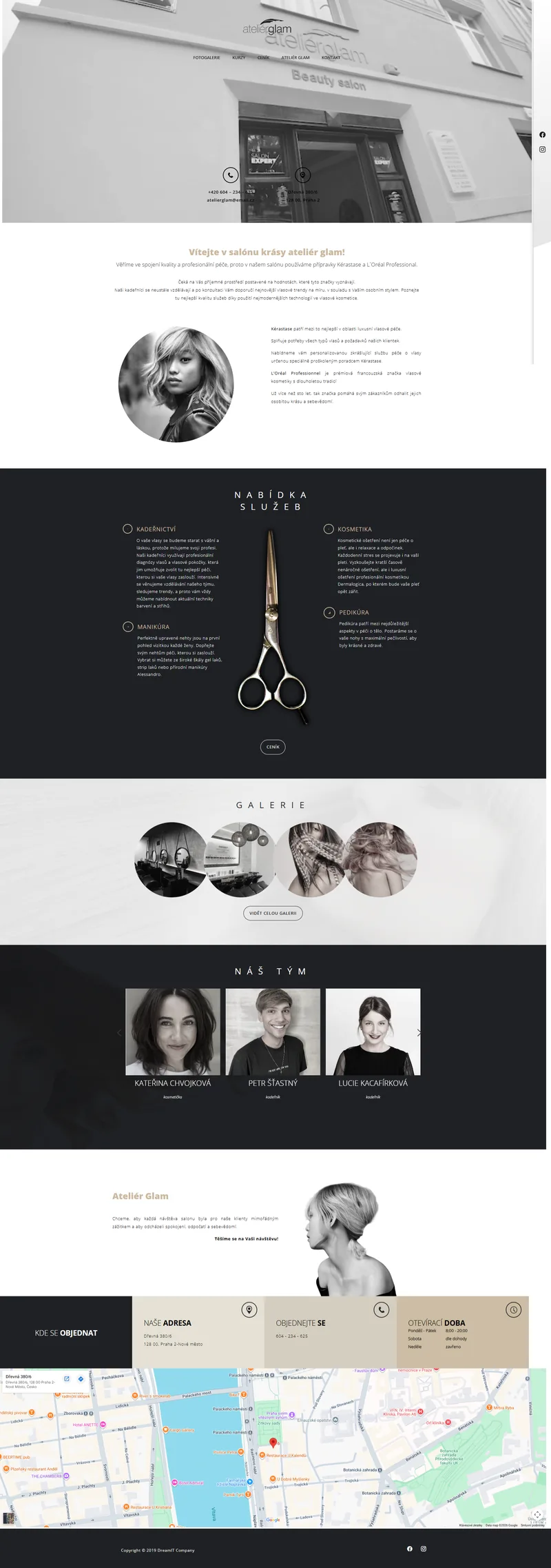 Web na míru pro salon krásy Ateliér Glam v Praze: fotogalerie práce, nabídka kadeřnických a kosmetických služeb, tým a online objednání
